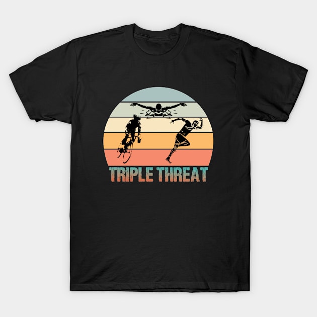 Triple Threat Swim Bike Run Triathlon T-Shirt by TheInkElephant